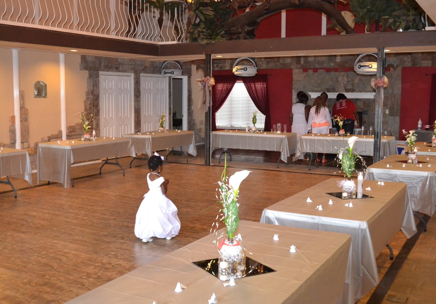 A wide view of the Great Hall set for an event